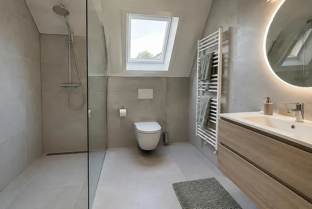 Lekdetectie Bunschoten – droge badkamer met inloopdouche na herstel