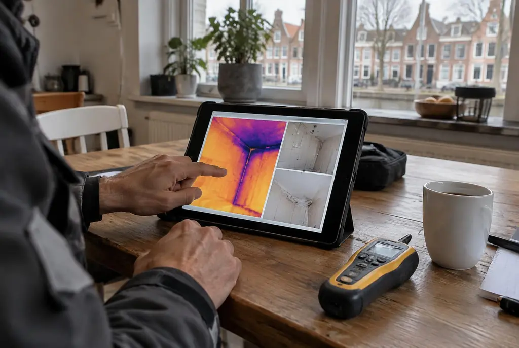 Lekdetectie Bunschoten – lekdetectierapport met warmtebeelden en foto's op een tablet