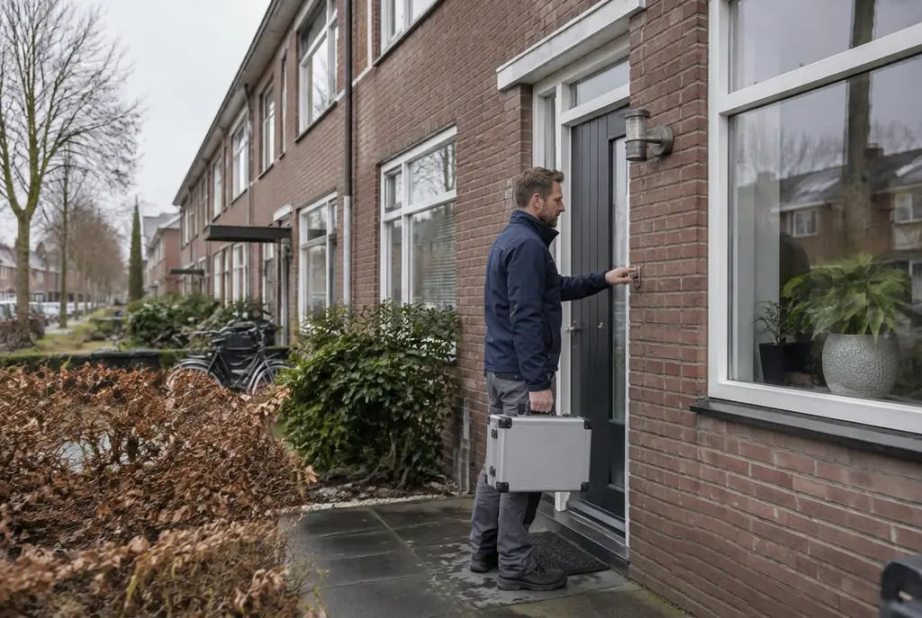 Lekdetectiespecialist met meetkoffer bij de voordeur van een woning in Bunschoten